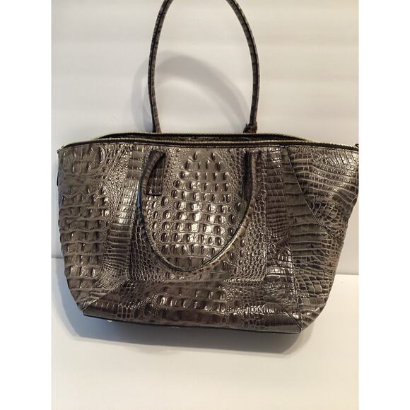 BRAHMIN Melbourne Collection Laptop Business Tote Handle Bag  Brahmin Gray And Brown Large Genuine Leather‎ Tote Bag Purse